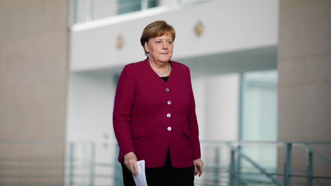 German Chancellor Angela Merkel arrives for a media briefing about measures of the German government to avoid further spread of the coronavirus on April 9, 2020 at the chancellery in Berlin.