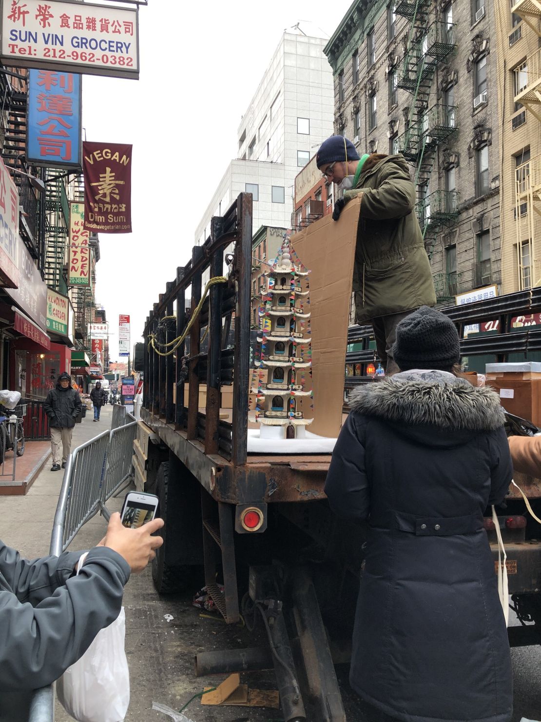 A paper sculpture of a Chinese pagoda made in detention by one of 286 undocumented immigrants from the Golden Venture, a ship that ran aground in NYC in 1993, being rescued from MOCA's fire-damaged archives building in Manhattan Chinatown on January 31, 2020. 