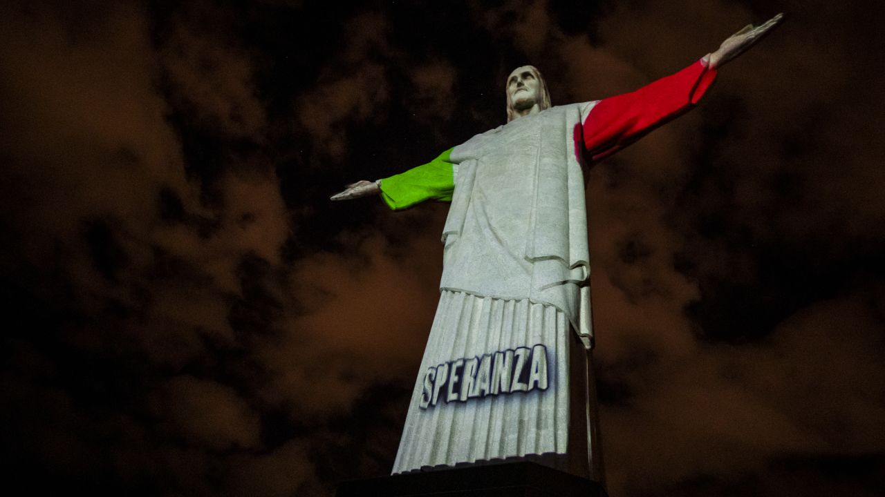The flag of Italy, which has been severely affected by the coronavirus pandemic, was projected onto the monument.