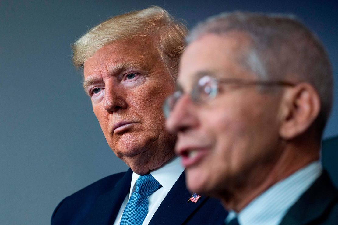 US President Donald Trump, left, listens as infectious diseases expert Dr. Anthony Fauci speaks at a coronavirus briefing at the White House on March 21.