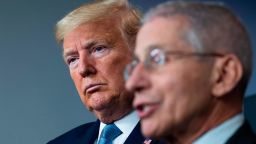 US President Donald Trump listens as National Institute of Allergy and Infectious Diseases Director, Dr. Anthony Fauci, speaks during the daily briefing on the novel coronavirus, COVID-19, at the White House on March 21, 2020, in Washington, DC. 