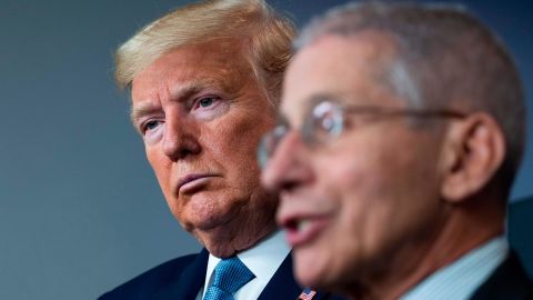 US President Donald Trump, left, listens as infectious diseases expert Dr. Anthony Fauci speaks at a coronavirus briefing at the White House on March 21.