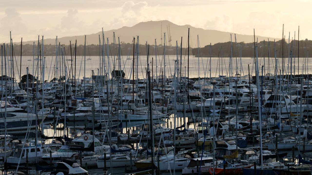 Hundreds of yachts and boats docked on the harbor in Auckland, New Zealand.