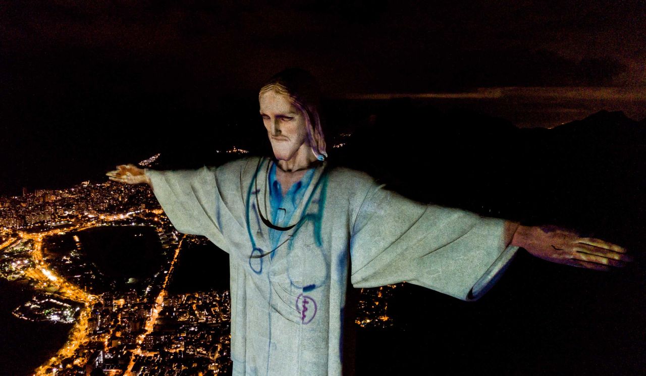 In Rio de Janeiro, the Christ the Redeemer statue was illuminated to make Christ look like a doctor on April 12, 2020.