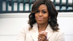 Michelle Obama meets with students of Morehouse College and Spelman College during a campus visit to Spelman College on Saturday, May 11, 2019, in Atlanta. 
