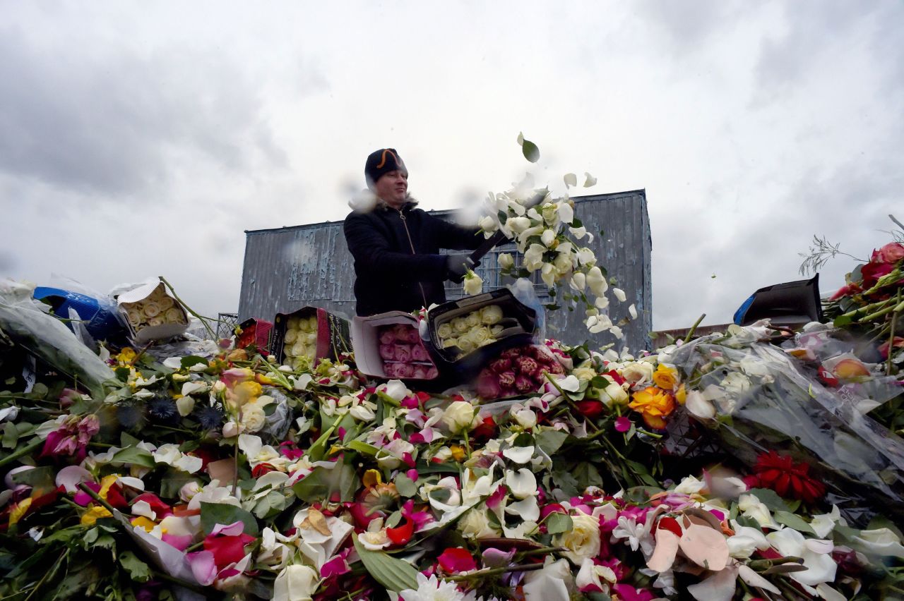 A flower shop employee destroys unsold flowers in St. Petersburg, Russia, on April 13, 2020.