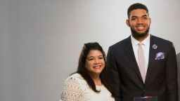 Minneapolis, MN May 16:Karl-Anthony Towns poses for a portrait with his family by Timberwolves team Photographer David Sherman before the announcement of his NBA Rookie of the Year Award. From left, mother Jacqueline Cruz, niece Jolani Ammons, father Karl, nephew Anthony Maximilian Ammons, and sister, Lachelle. A day in the life of Karl-Anthony Towns before and after his Rookie of the Year day. (Photo by Brian Peterson/Star Tribune via Getty Images)
