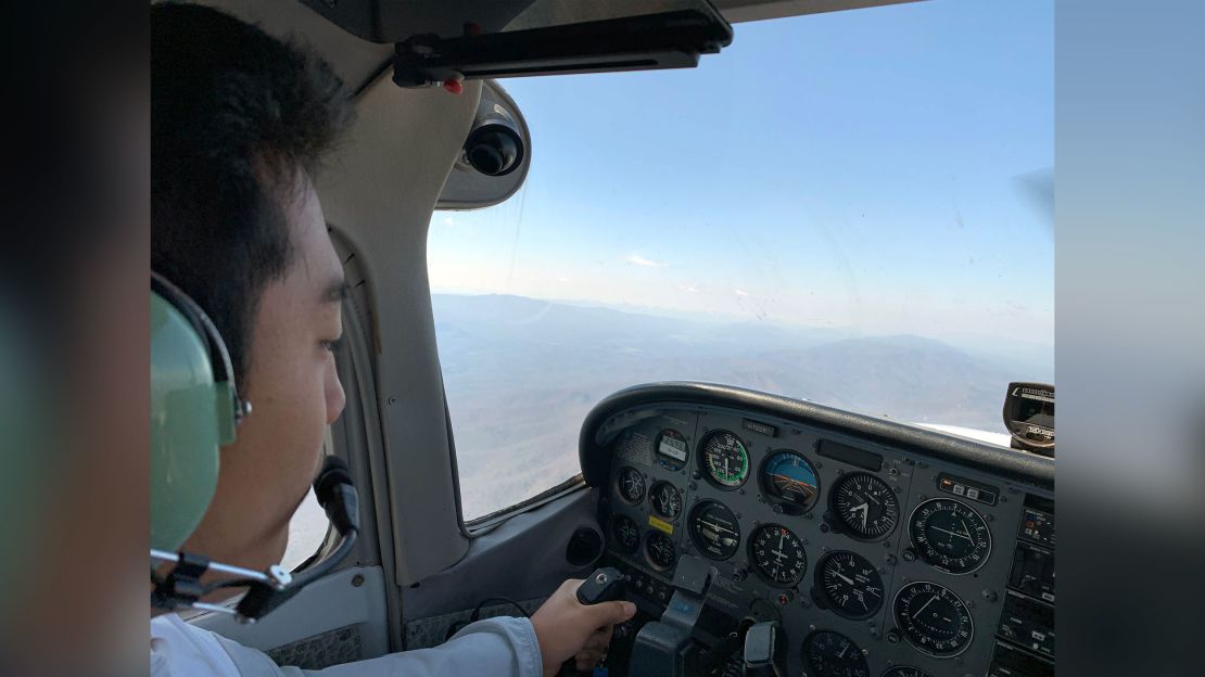 A view from the cockpit as Kim flies medical supplies from a Maryland airfield to a critical hospital in Virginia.