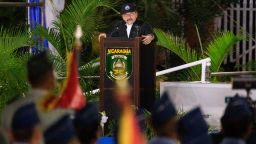 Nicaragua's President Daniel Ortega delivers a speech during a ceremony as Commander in Chief of the Nicaraguan Army General Julio Avilesas Aviles is sworn in for his third consecutive term as head of the army at Revolution Square in Managua, on February 21, 2020. 