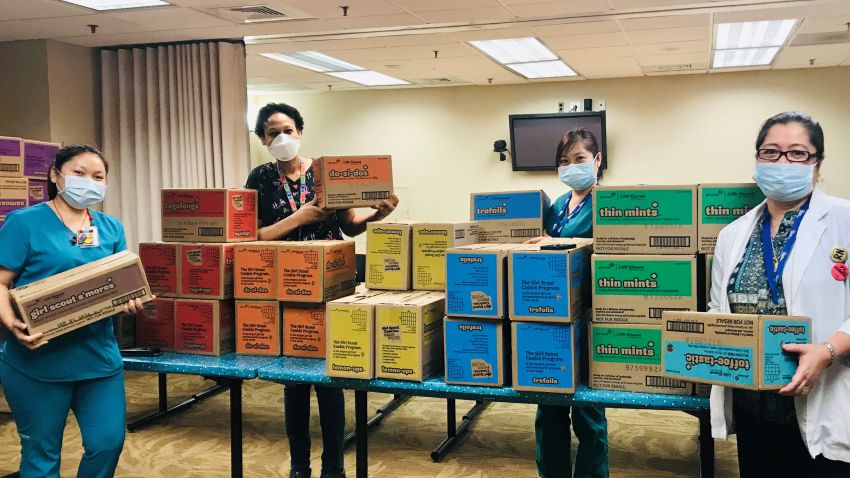 girl scout scout cookie delivery at NYC hospital during the Covid-19 crisis