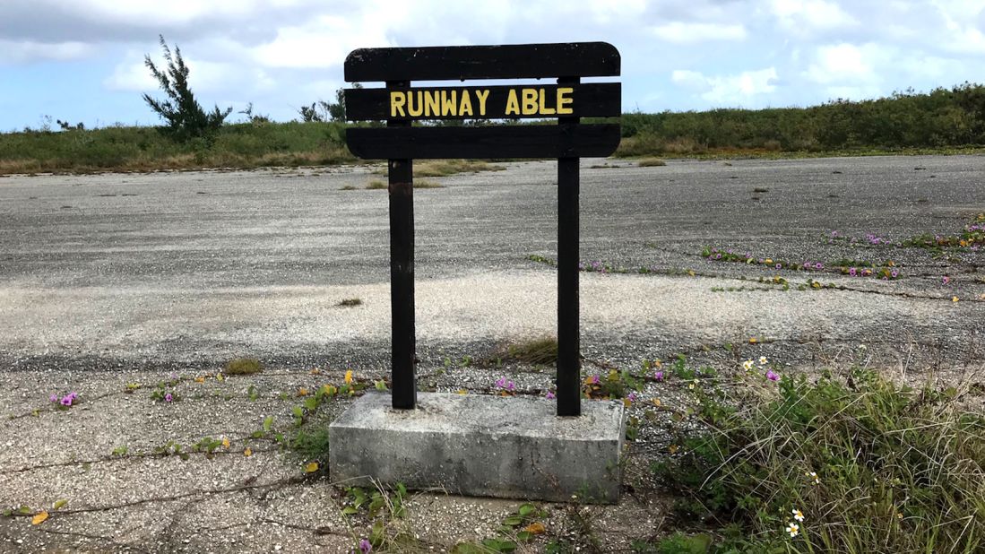 <strong>Runway Able: </strong>A sign at North Field, Tinian, marks the entrance to Runway Able, from which Enola Gay took off on its mission to drop an atomic bomb on Hiroshima, Japan, in 1945.