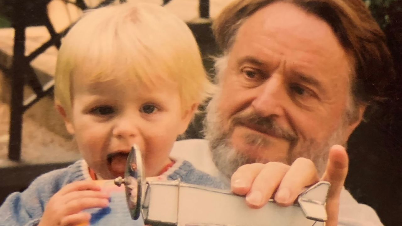 Conway with son Gareth in 2002, during Gareth's birthday party.