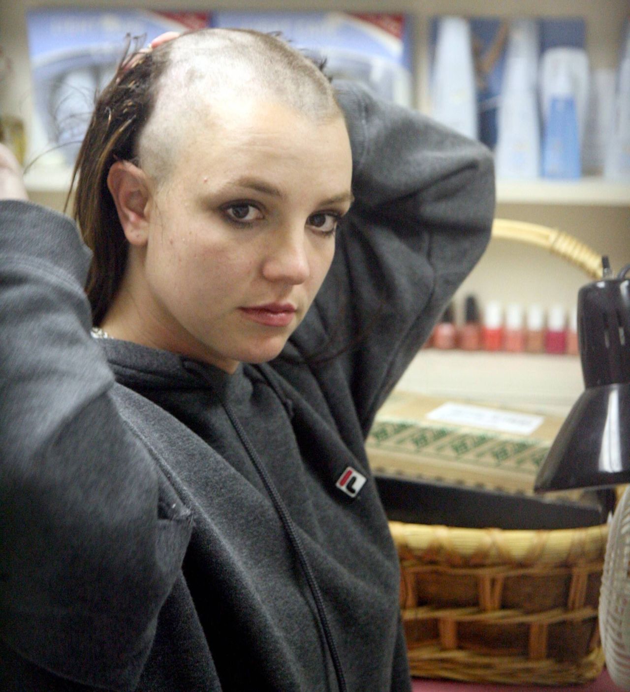 Britney Spears halfway through her infamous buzz cut in 2007.