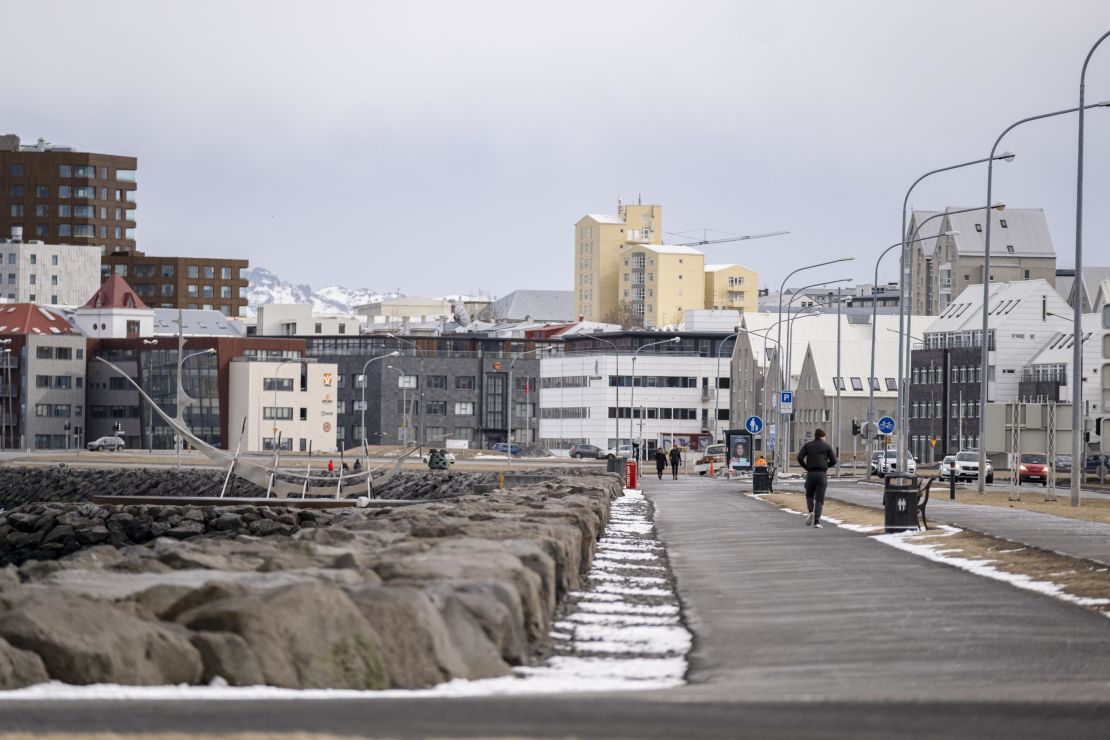 Saebraut road in the Icelandic capital, Reykjavik, on April 3, as a ban on gatherings of more than 20 people is in effect.