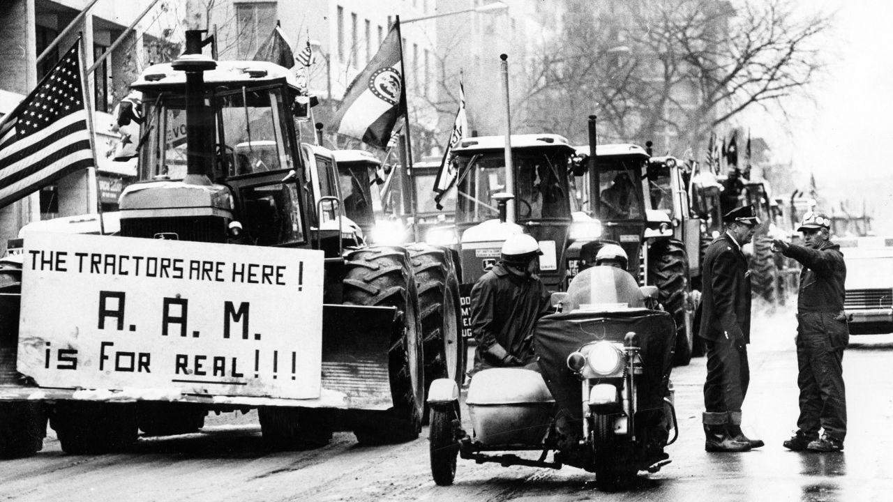 Tractors line up on 15th Street in Washington as  police attempt to keep order on February 16, 1979.