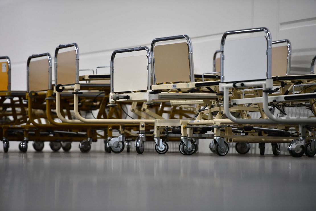 Newly installed hospital beds for coronavirus patients at the Hannover Messe trade fair grounds in Germany on April 4. The facility has 500 beds for patients who do not need intensive care.