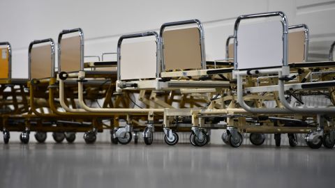 Newly installed hospital beds for coronavirus patients at the Hannover Messe trade fair grounds in Germany on April 4. The facility has 500 beds for patients who do not need intensive care.