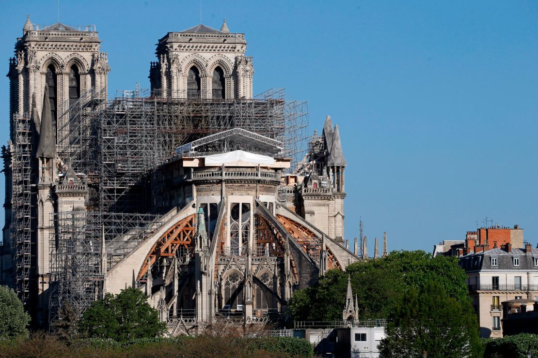 Notre Dame cathedral where work on the rebuild has been on hold since March 16 due to the coronavirus shutdown. (Photo taken April 14 on the eve of the anniversary of the deveastating fire) 