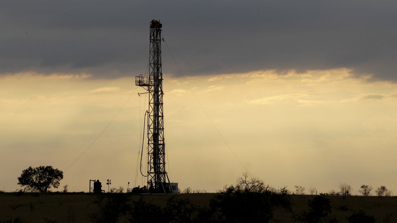 A drilling rig is seen near Kennedy, Texas.