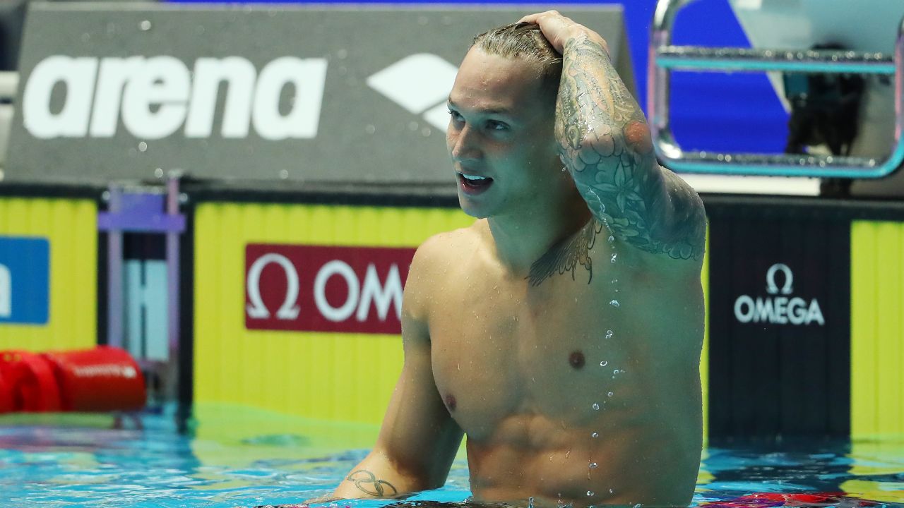 Caeleb Dressel celebrates after winning the 100m butterfly final
at the 2019 World Championships.