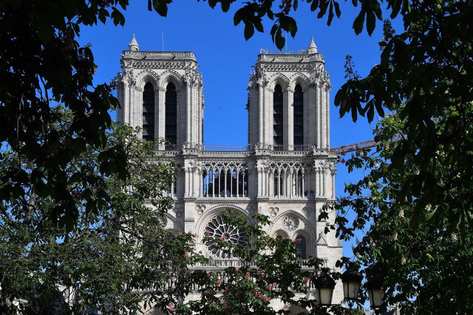 Notre Dame cathedral is seen on April 14, on the eve of the <a href="https://edition.cnn.com/style/article/notre-dame-cathedral-fire-anniversary-rebuild/index.html" target="_blank">one year anniversary </a>of the disastrous fire that ravaged the famous church.