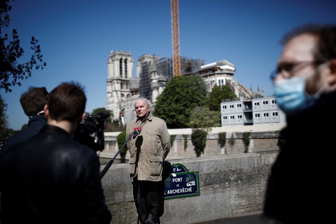 French Army General Jean-Louis Georgelin, head of Notre Dame Cathedral's reconstruction, speaks to journalists in Paris on April 14. Work at the Paris site has been suspended since March 16, when France introduced widespread measures to help control the spread of Covid-19.