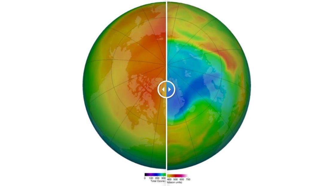 A false-color view shows the total ozone over the Arctic pole between April 2019 and April 6, 2020. Purple and blue mark areas with the least ozone, and the yellow and red mark areas with more ozone. This year, there's signifcantly less ozone.
