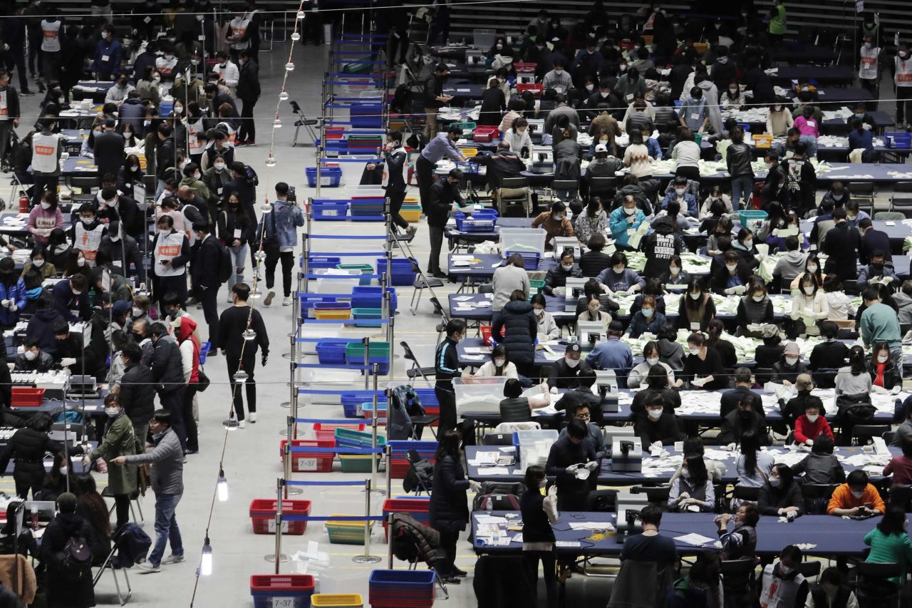 South Korean election officials sort out <a href="https://edition.cnn.com/2020/04/15/asia/south-korea-election-intl-hnk/index.html" target="_blank">parliamentary ballots </a>at a gymnasium in Seoul on April 15, 2020.