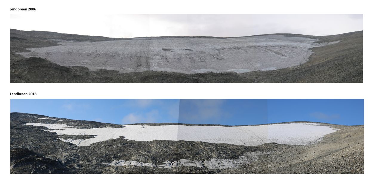The Lendbreen ice patch has melted back drastically. The picture above shows Lendbreen during the big melt in 2006, the picture below is from 2018. 