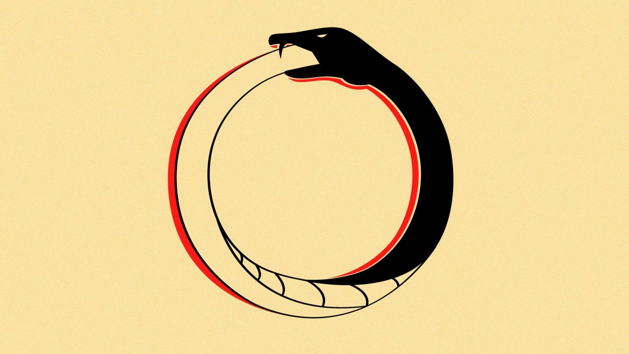 The ancient 'ouroboros' symbol of a snake eating its own tail, often used by Alchemists to depict the cyclicality of life, death and transformation