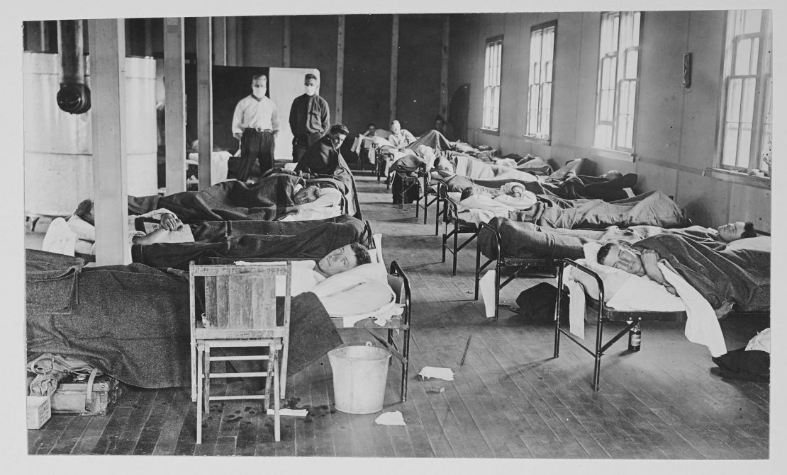Flu patients lie in a barracks hospital at Colorado Agricultural College in Fort Collins, Colorado, in 1918.