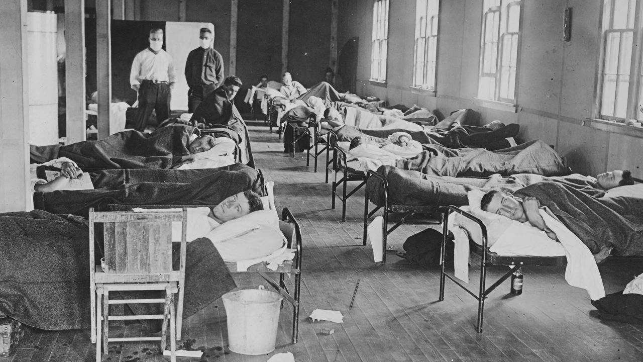 Flu patients lie in a barracks hospital at Colorado Agricultural College in Fort Collins, Colorado, in 1918.