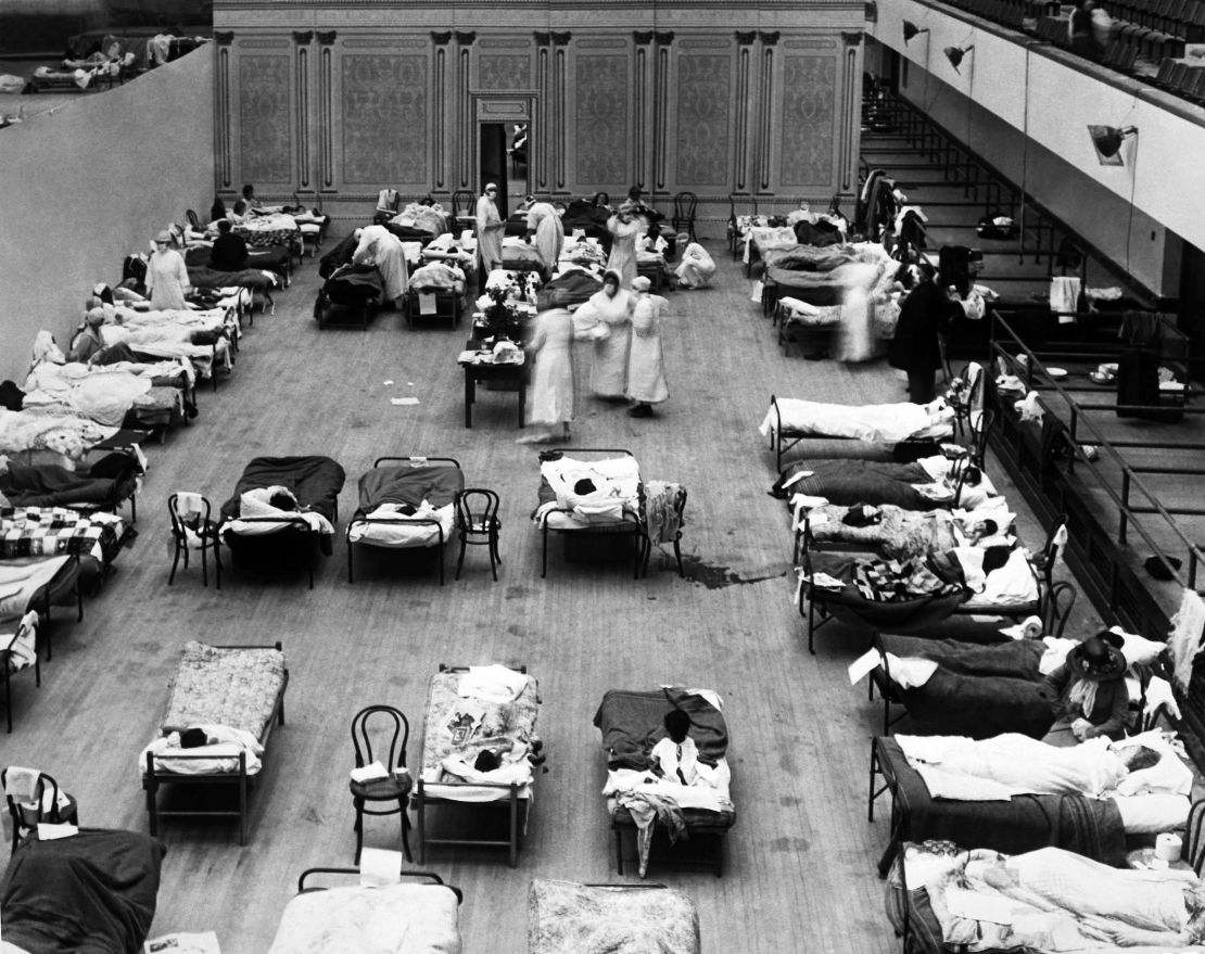 The Oakland Municipal Auditorium in California was converted to a temporary hospital with volunteer nurses from the American Red Cross in 1918.