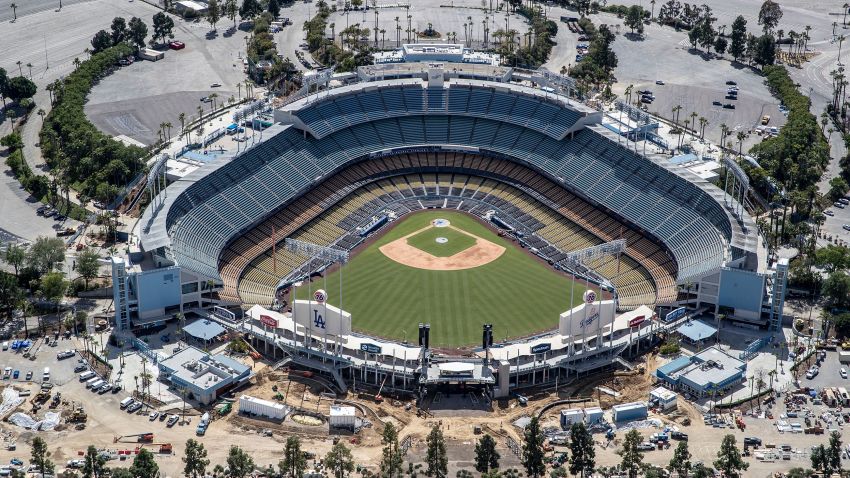 LOS ANGELES, CA - MARCH 25 - Aerial views of Dodger Stadium the day before opening day that was postponed due to the Covid 19 pandemic. (Photo by Robert Gauthier/Los Angeles Times via Getty Images)