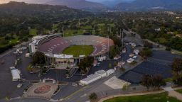 PASADENA, CA - MARCH 29: In this aerial view from a drone, the Rose Bowl Loop and surrounding grounds, popularly used by soccer teams, runners, walkers and cyclists, stands deserted after police closed the area over COVID-19 concerns on March 29, 2020. The Rose Bowl was shuttered in the wake of the closing of all Los Angeles County beaches and other places of exercise or recreation. (Photo by David McNew/Getty Images)
