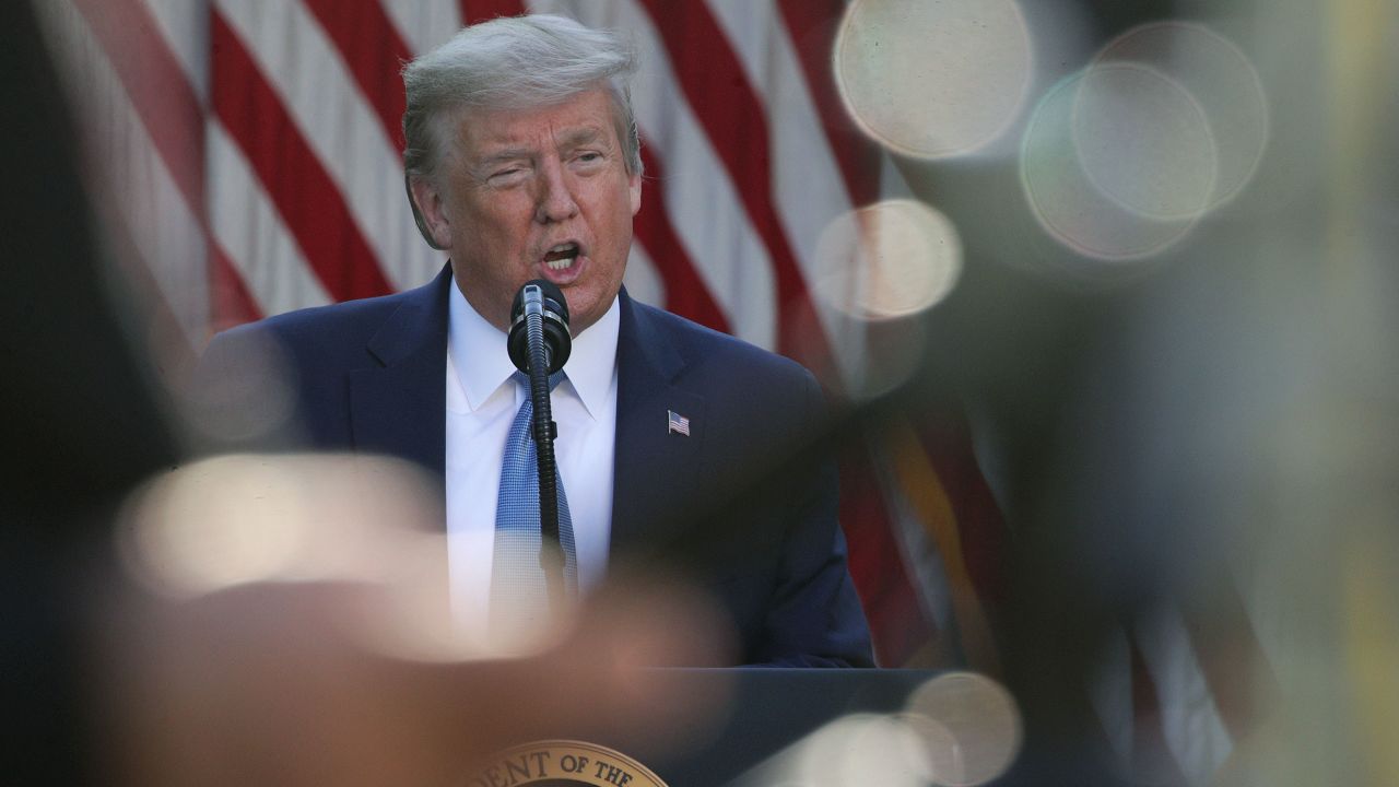 WASHINGTON, DC - APRIL 15: U.S. President Donald Trump speaks at the daily briefing of the White House Coronavirus Task Force in the Rose Garden at the White House April 15, 2020 in Washington, DC. The Treasury Department has ordered the IRS to put Trump's signature on the stimulus checks that are being sent to all Americans in response to the nation's shutdown due to the COVID-19 pandemic.  (Photo by Alex Wong/Getty Images)