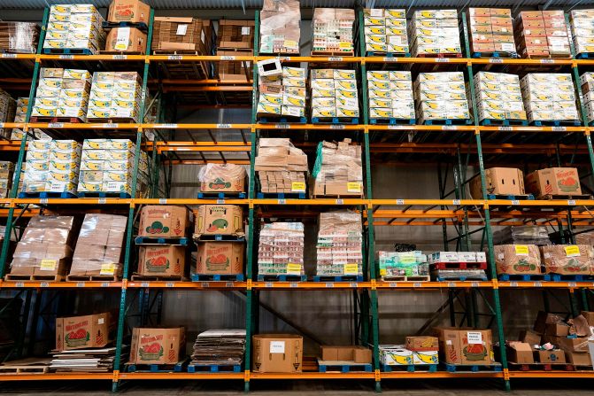 Donated supplies wait for distribution at the Capital Area Food Bank in Washington, DC.