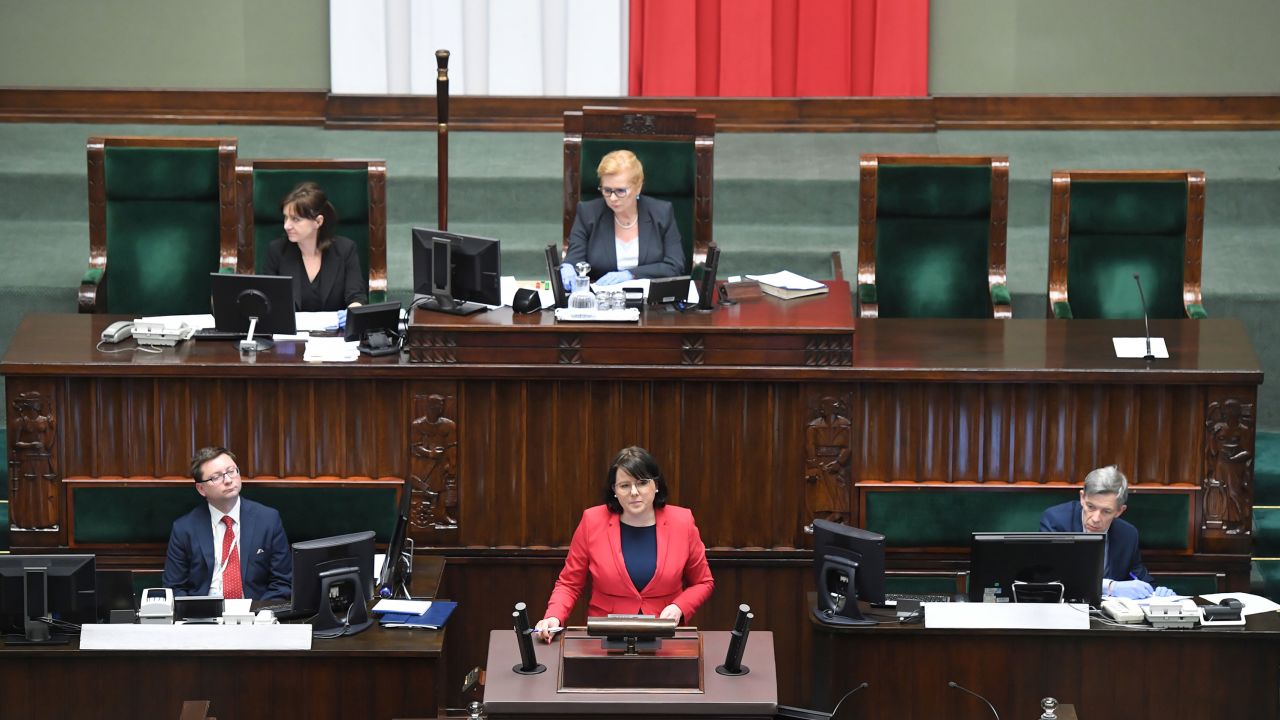 Representatives of the Life and Family Foundation with Kaja Godek takes part in the parliamentary debate on the abortion law at the Polish Parliament in Warsaw, Poland, April 15, 2020.