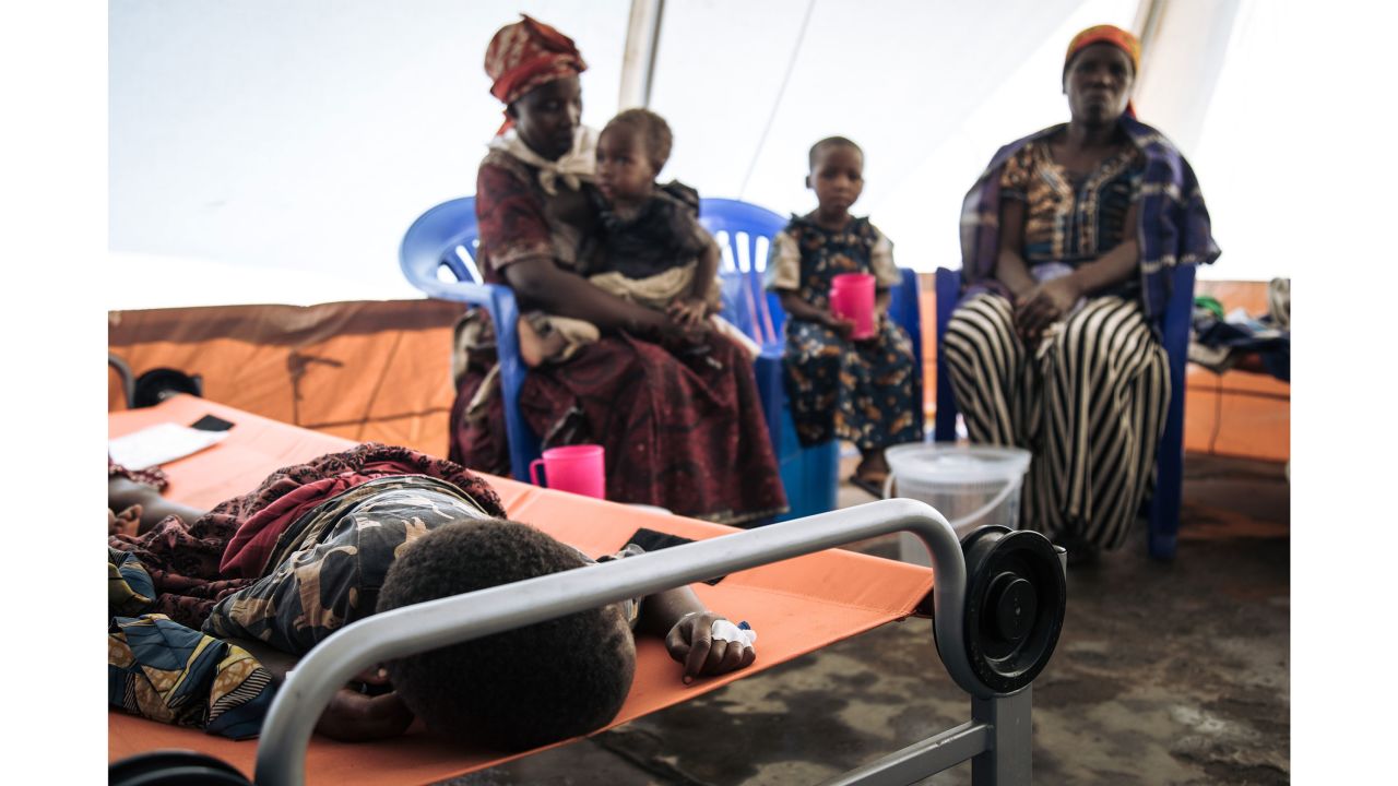 A girl affected by cholera is treated in a health center in Masisi, DRC on January 15, 2020.  