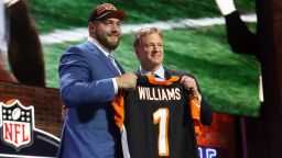 NASHVILLE, TN - APRIL 25:   Alabama tackle Jonah Williams and NFL Commissioner Roger Goodell during the first round of the 2019 NFL Draft on April 25, 2019, at the Draft Main Stage on Lower Broadway in downtown Nashville, TN.  (Photo by Michael Wade/Icon Sportswire via Getty Images)