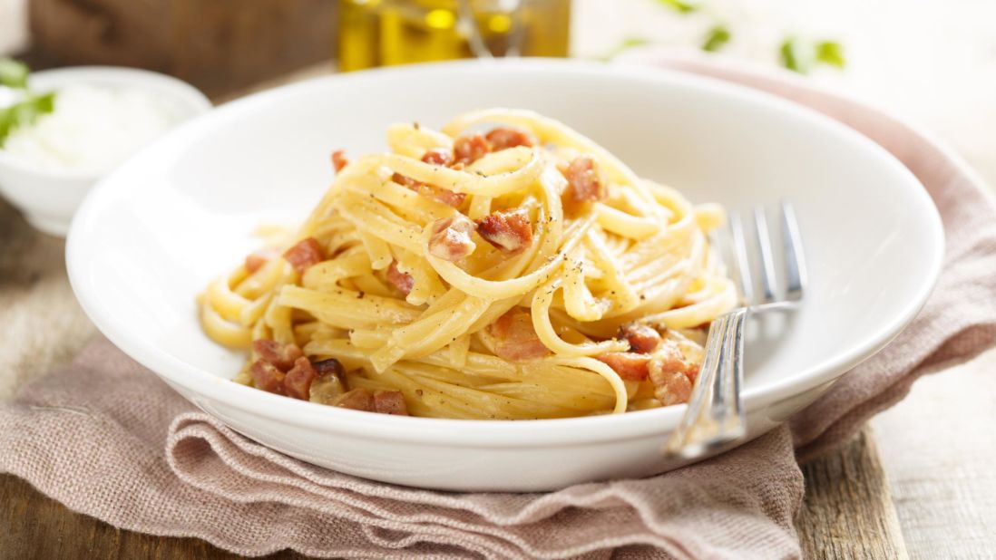<strong>Carbonara</strong>: A dish with Roman roots, Carbonara is made with egg, cheese, cured pork, black pepper and pasta.
