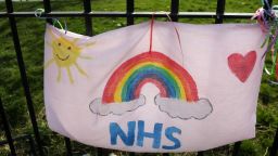 NHS tributes are painted on pillow cases attached to the fence at Elder Park in Glasgow as the UK continues in lockdown to help curb the spread of the coronavirus. (Photo by Andrew Milligan/PA Images via Getty Images)