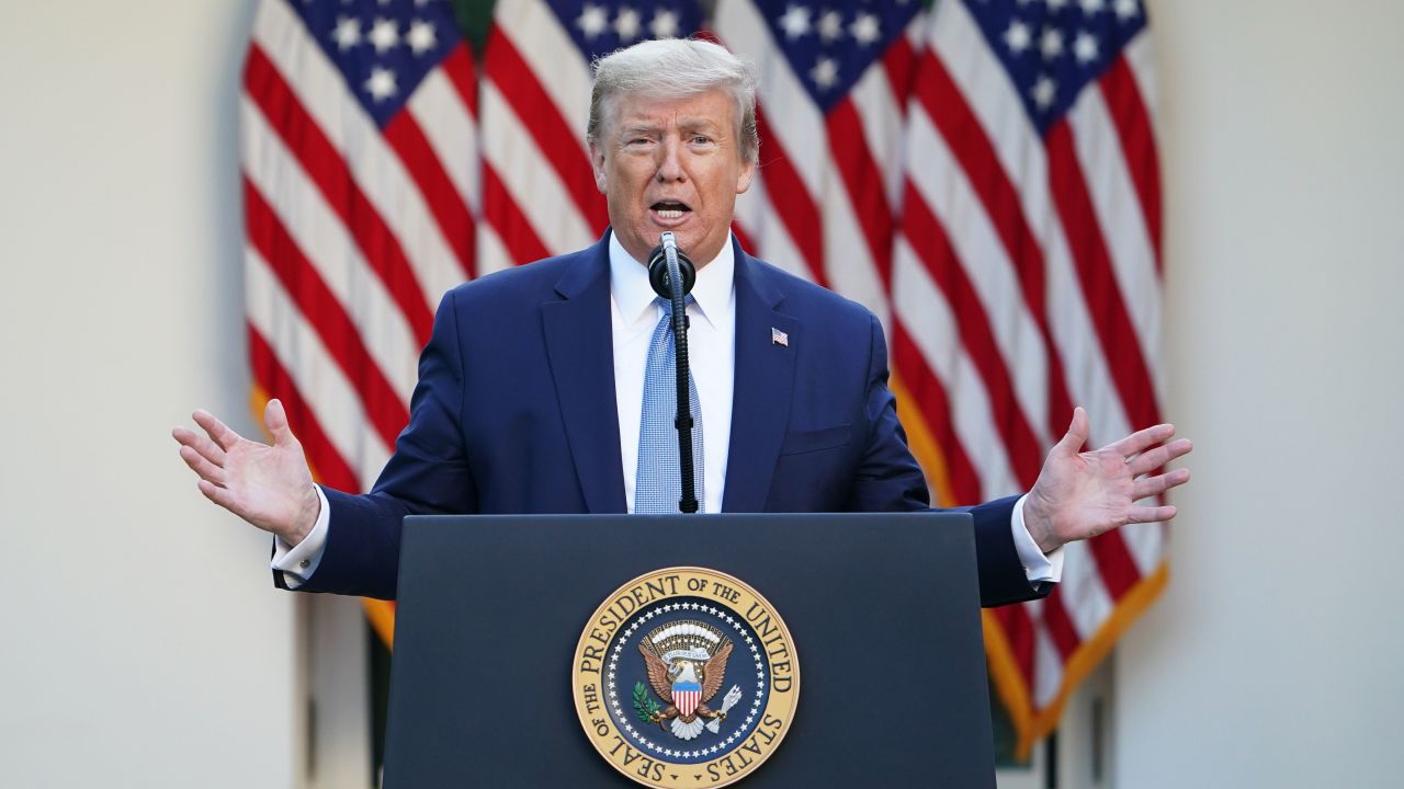 US President Donald Trump gestures as he speaks during the daily briefing on the novel coronavirus, which causes COVID-19, in the Rose Garden of the White House on April 15, 2020, in Washington, DC. (Photo by MANDEL NGAN / AFP) (Photo by MANDEL NGAN/AFP via Getty Images)