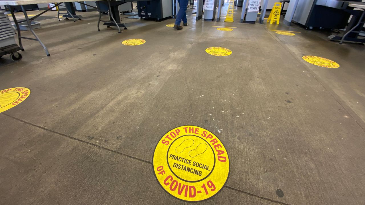 Six-foot markers for social distancing have been painted at UPS's Worldport facility in Louisville.