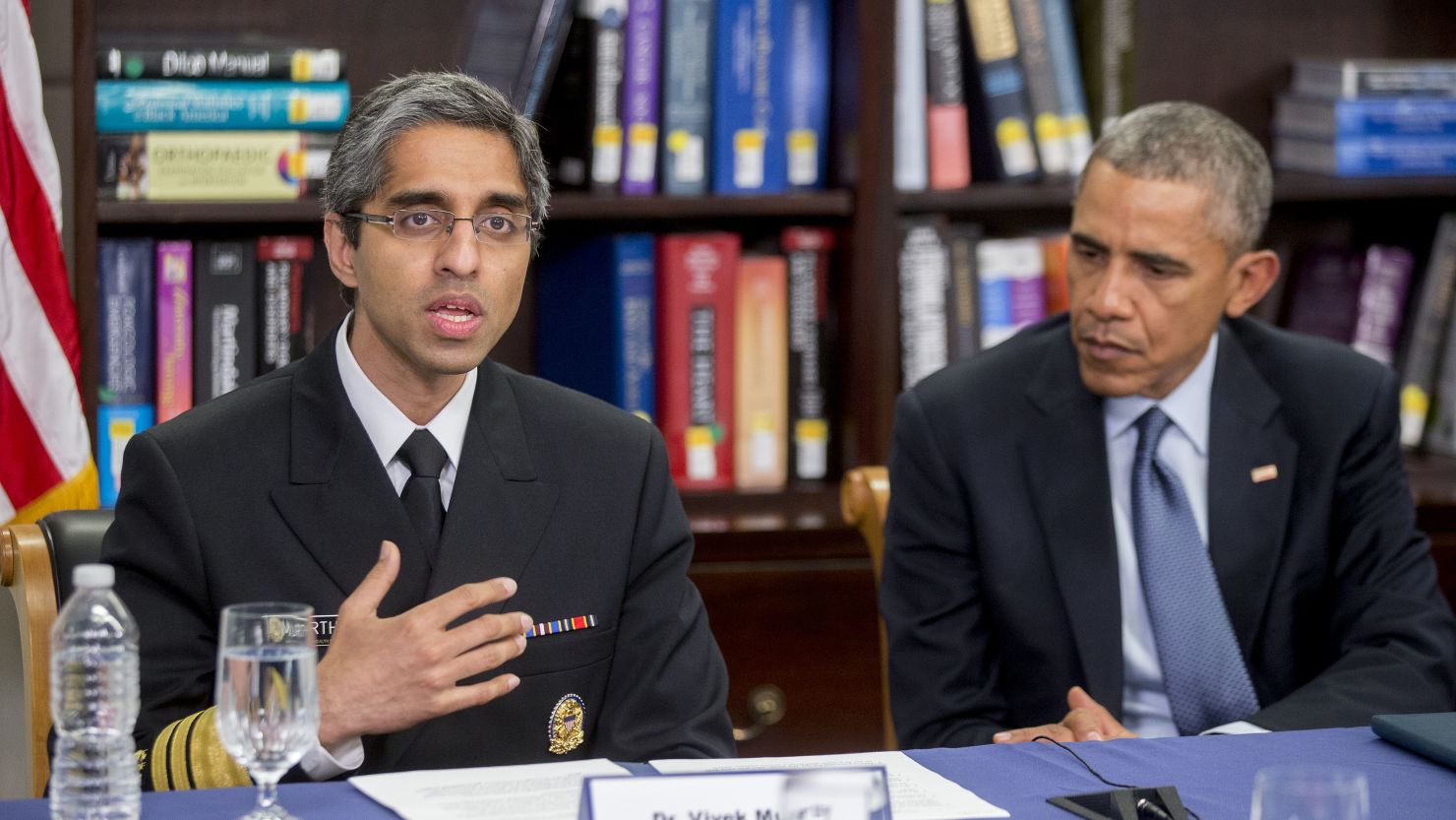 Vivek Murthy, then-US Surgeon General, speaks while participating in a roundtable discussion on the impacts of climate change on public health at Howard University with President Barack Obama in Washington, DC, on April 7, 2015.