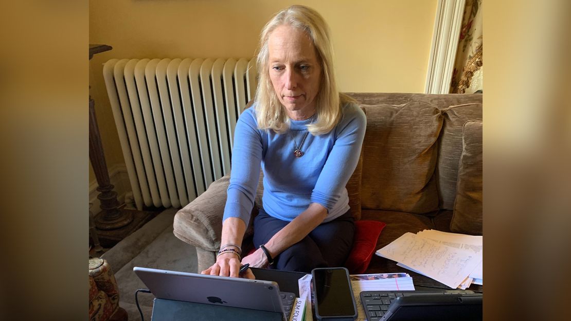 Rep. Mary Gay Scanlon is seen working from home in this photo provided by her congressional office.