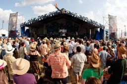 Fans at the New Orleans Jazz and Heritage Festival on May 1, 2008 in New Orleans, Louisiana.