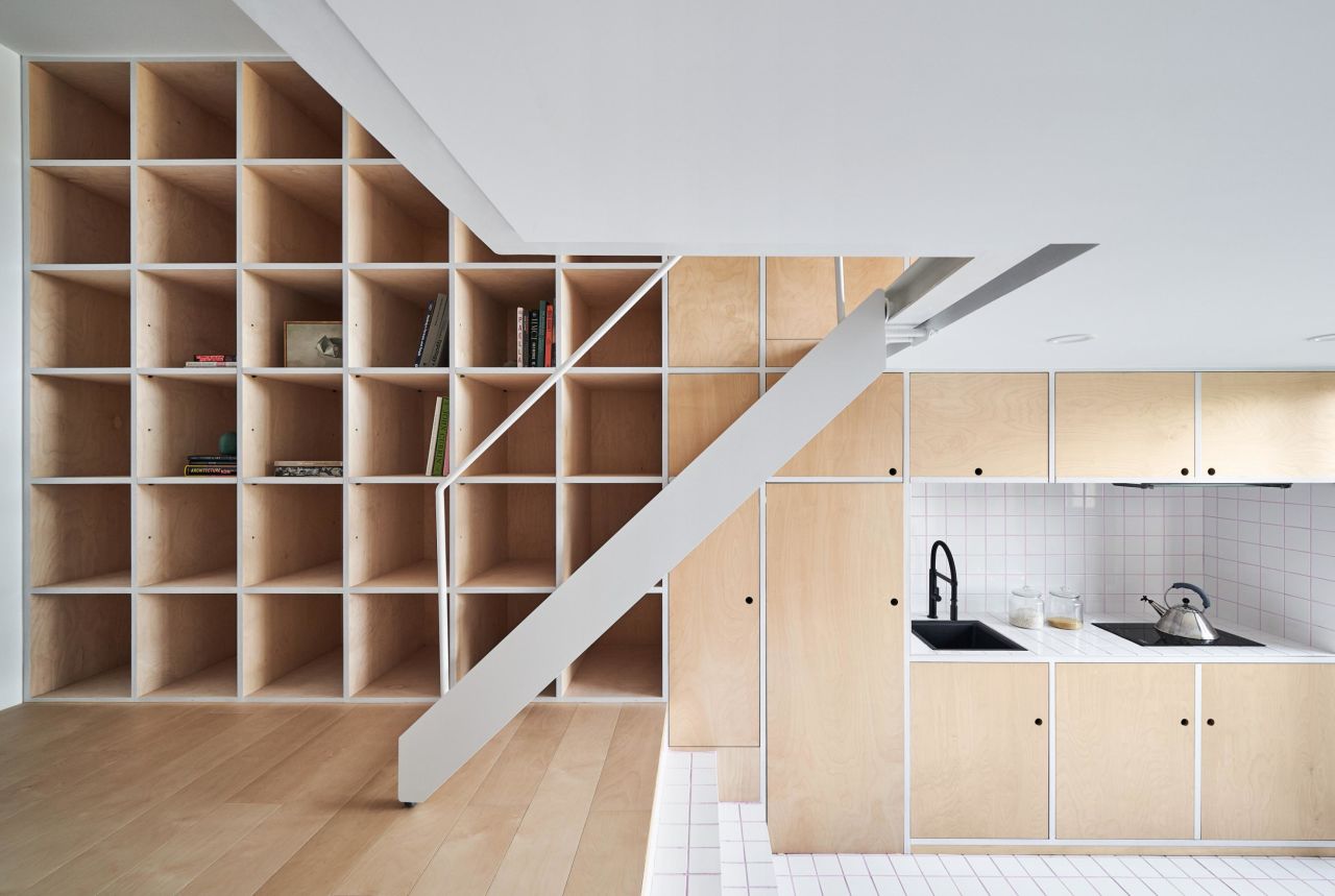 Taipei-based Phoebe Says Wow Architects designed a 355-square-foot prototype for compact living in metropolitan cities. The design (also pictured top) features a storage wall to improve space efficiency. 