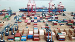 Photo taken on April 14, 2020 shows containers at the Lianyungang Port in Lianyungang City, east China's Jiangsu Province. 