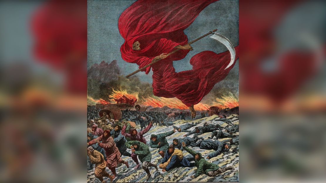 Illustration of the Reaper (allegory of Death) above Manchuria, which was published in Le Petit Journal, in France, in 1911.